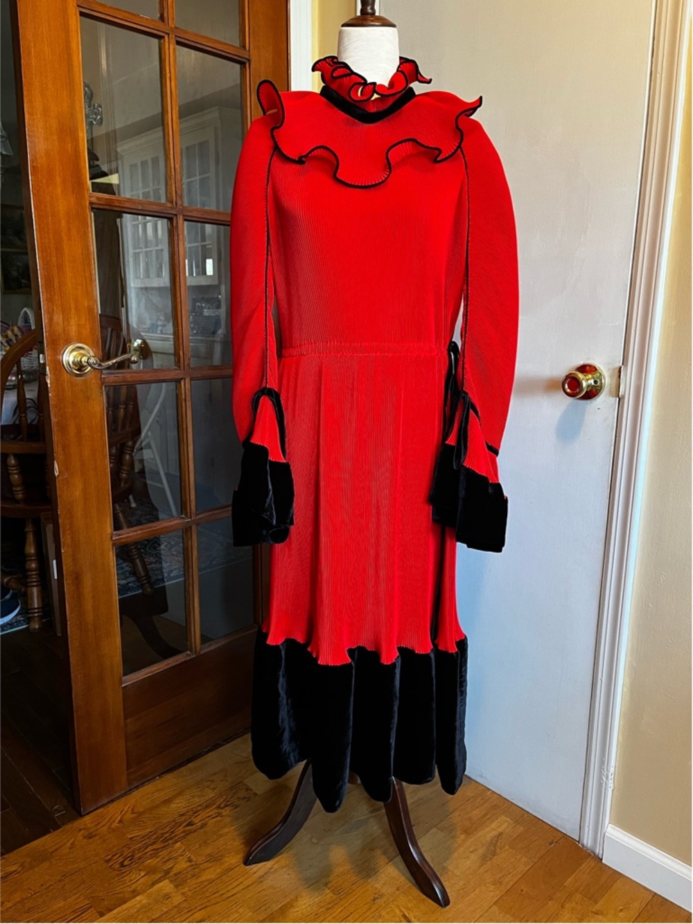 Tory Burch Red and Black Silk Convertible Pleated Ruffle Dress